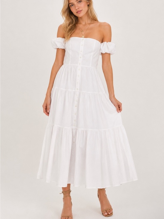 STAUD Dresses & Skirts - STAUD White Off-The-Shoulder Puff Sleeve Tiered Midi Dress Size 12 8328